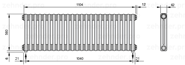 Схема (чертеж) Радиатор Zehnder Charleston 2056/24 №3570 Белый глянцевый RAL 9016
